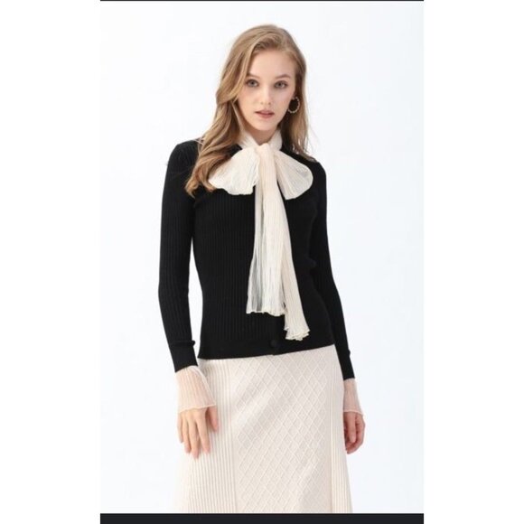 Chicwish Women’s MESH BOW NECK LONG SLEEVES RIBBED KNIT TOP SIZE S/M - Picture 1 of 10